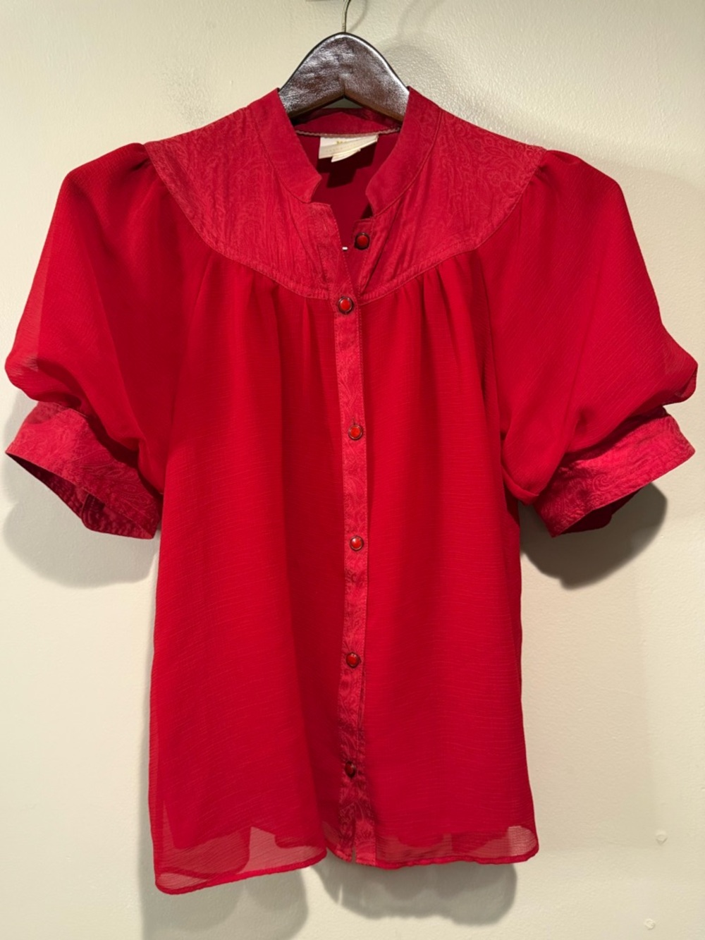 Maeve by Anthropologie Red Puff Sleeve Blouse Scarlett Red Lavoie Button Down 2 - Picture 3 of 10